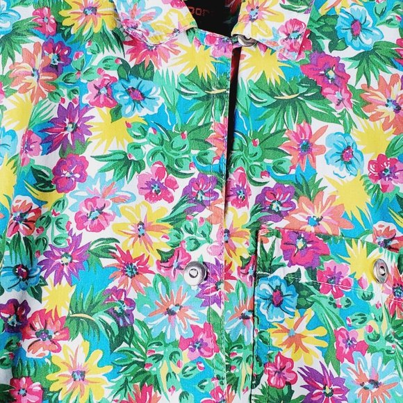 Vintage LizSport Petite Neon Floral Silver Button Summer Blouse, Sz PM - Picture 4 of 10
